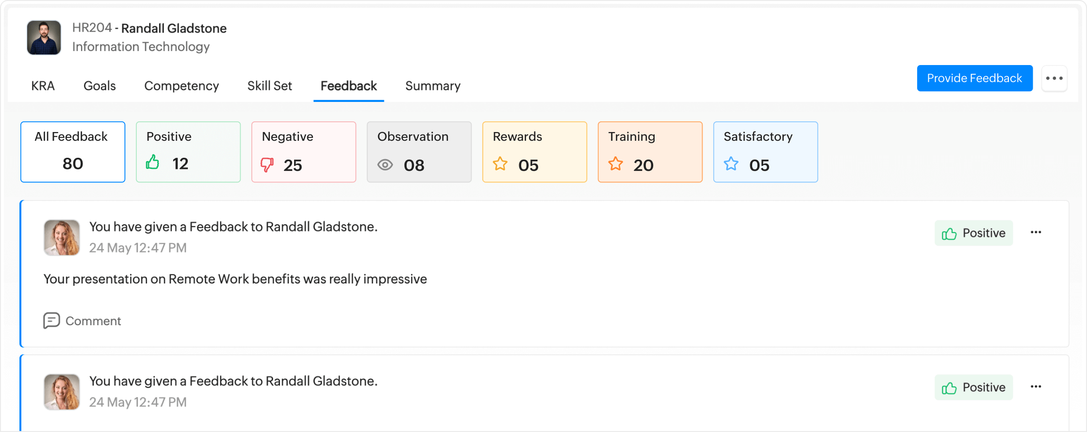 Employee feedback dashboard in Itsws People